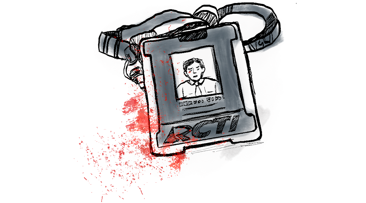 Illustration of a close-up of Ersa Siregar’s RCTI press ID card showing his photo and name.